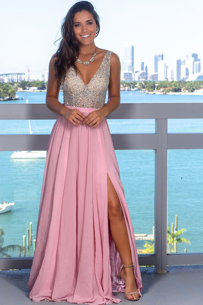 Dusty Rose Maxi Dress with Silver Jewels