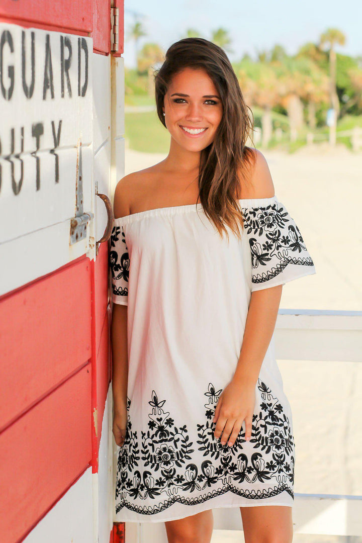 White Off Shoulder Short Dress with Embroidery