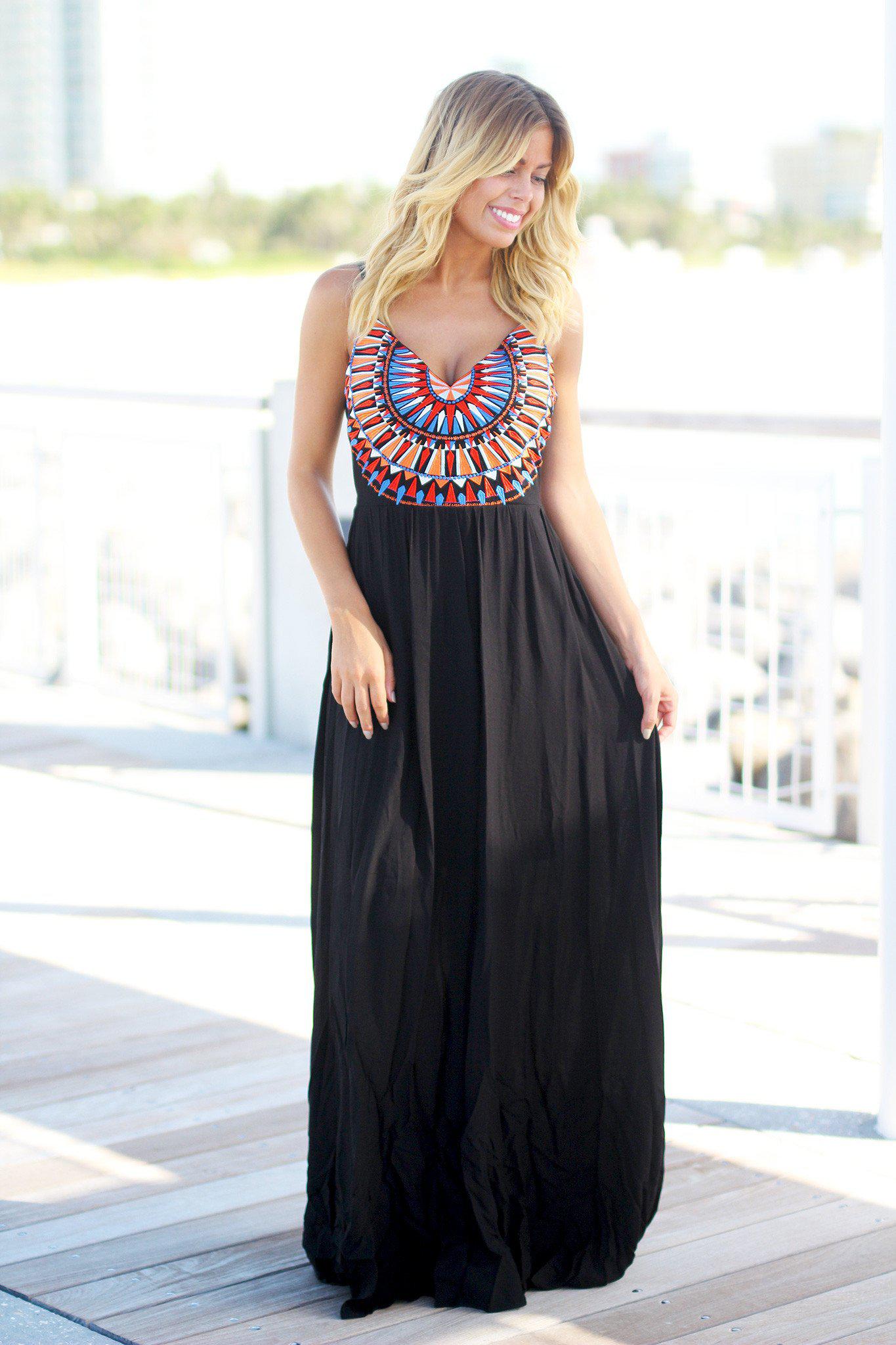 Black Maxi Dress with Embroidered Top