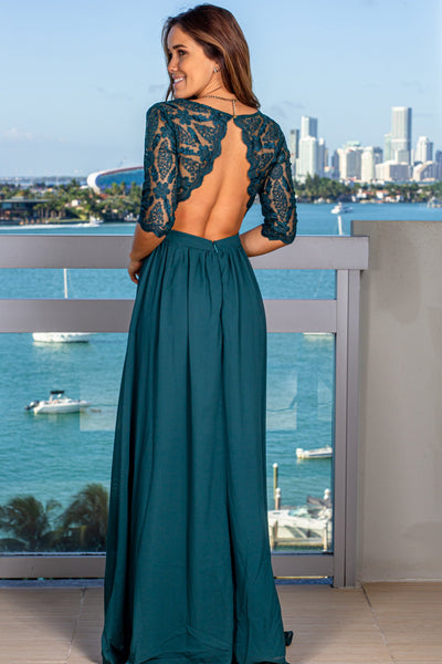 Emerald Embroidered Top Maxi Dress with 3/4 Sleeves