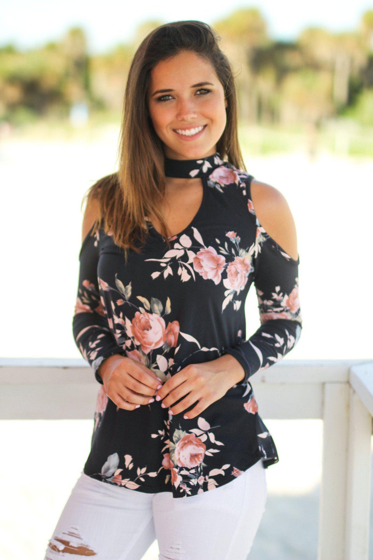Black Cold Shoulder Floral Top | Cute Tops – Saved by the Dress