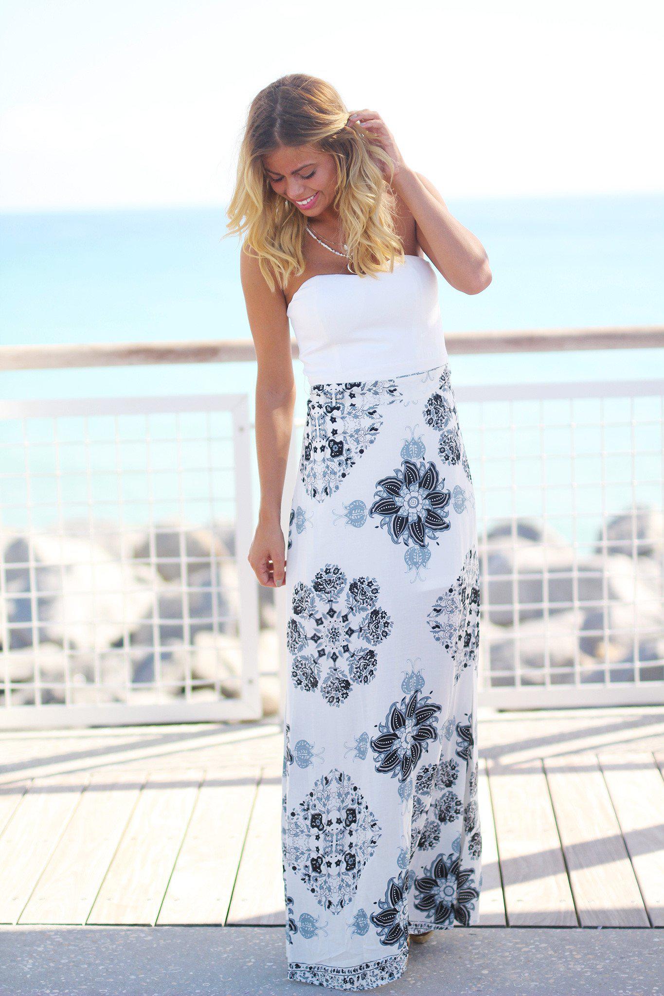 White and Black Floral Maxi Dress