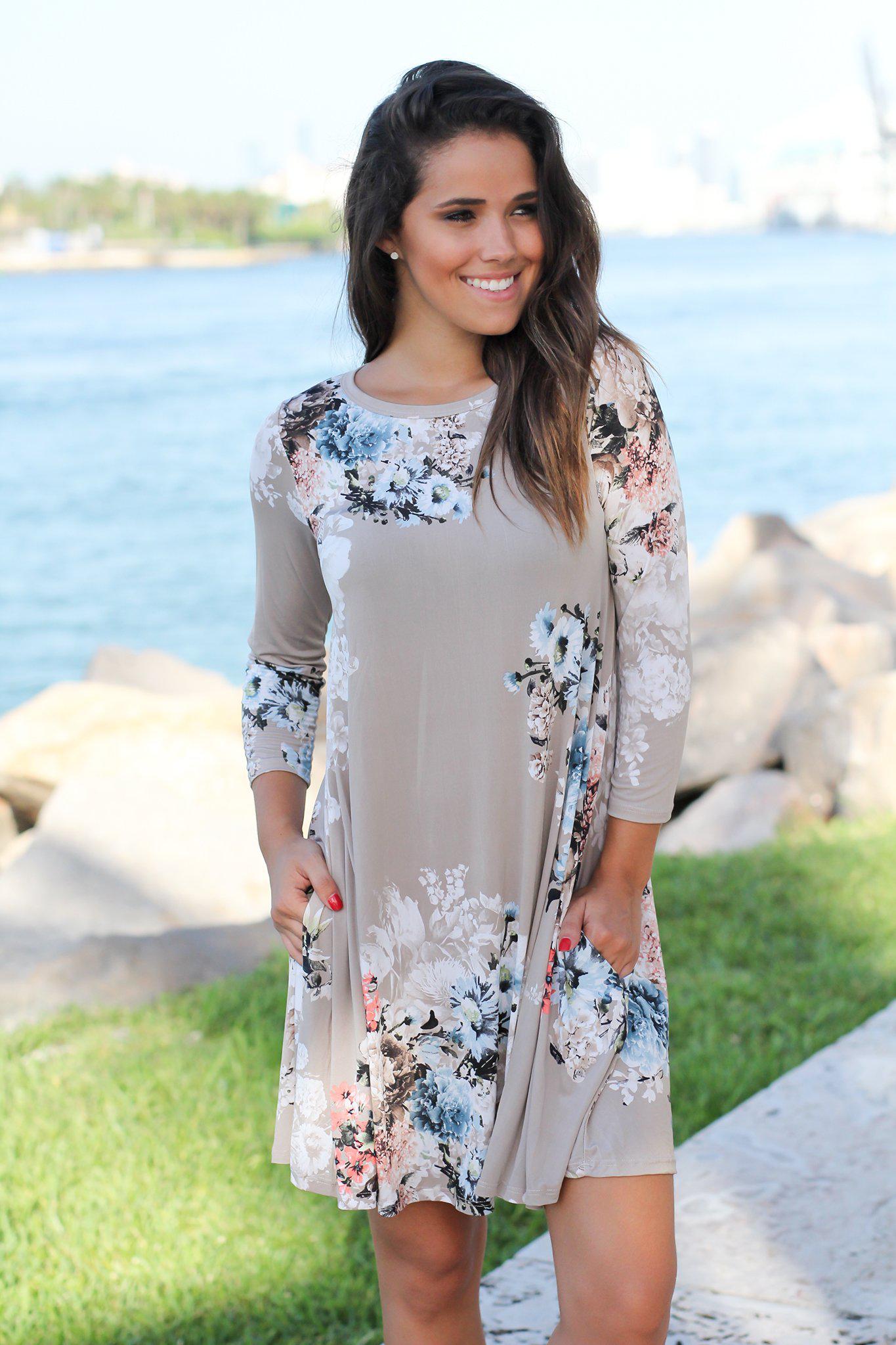 Stone Floral 3/4 Sleeve Shift Dress | Cute Dresses – Saved by the Dress
