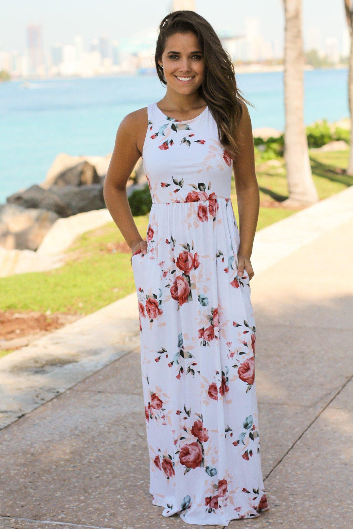 Off White Sleeveless Floral Maxi Dress | Online Boutiques – Saved by ...