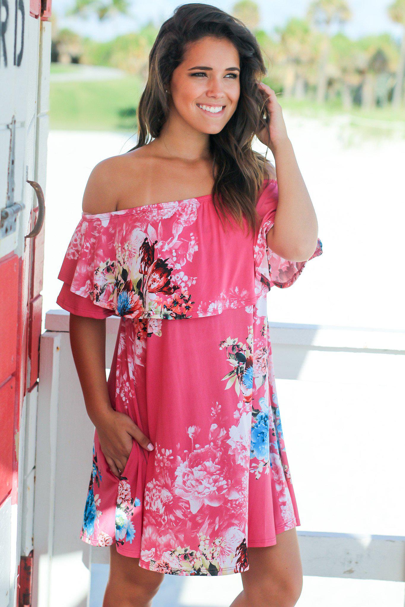 Pink Floral Off Shoulder Short Dress | Cute Dress – Saved by the Dress