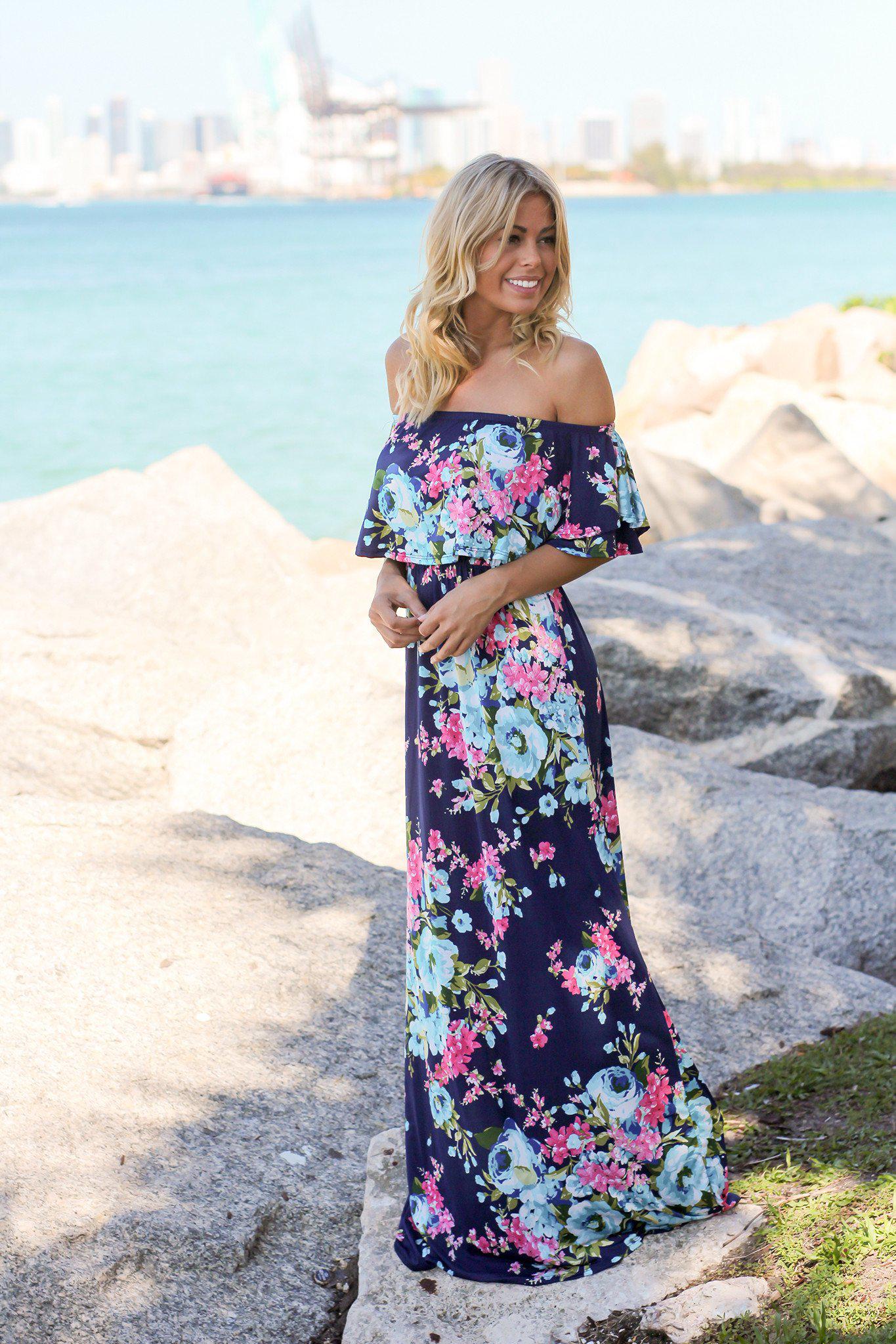 Off-Shoulder Cute Floral Maxi Dress for Summer Vacation main image 1