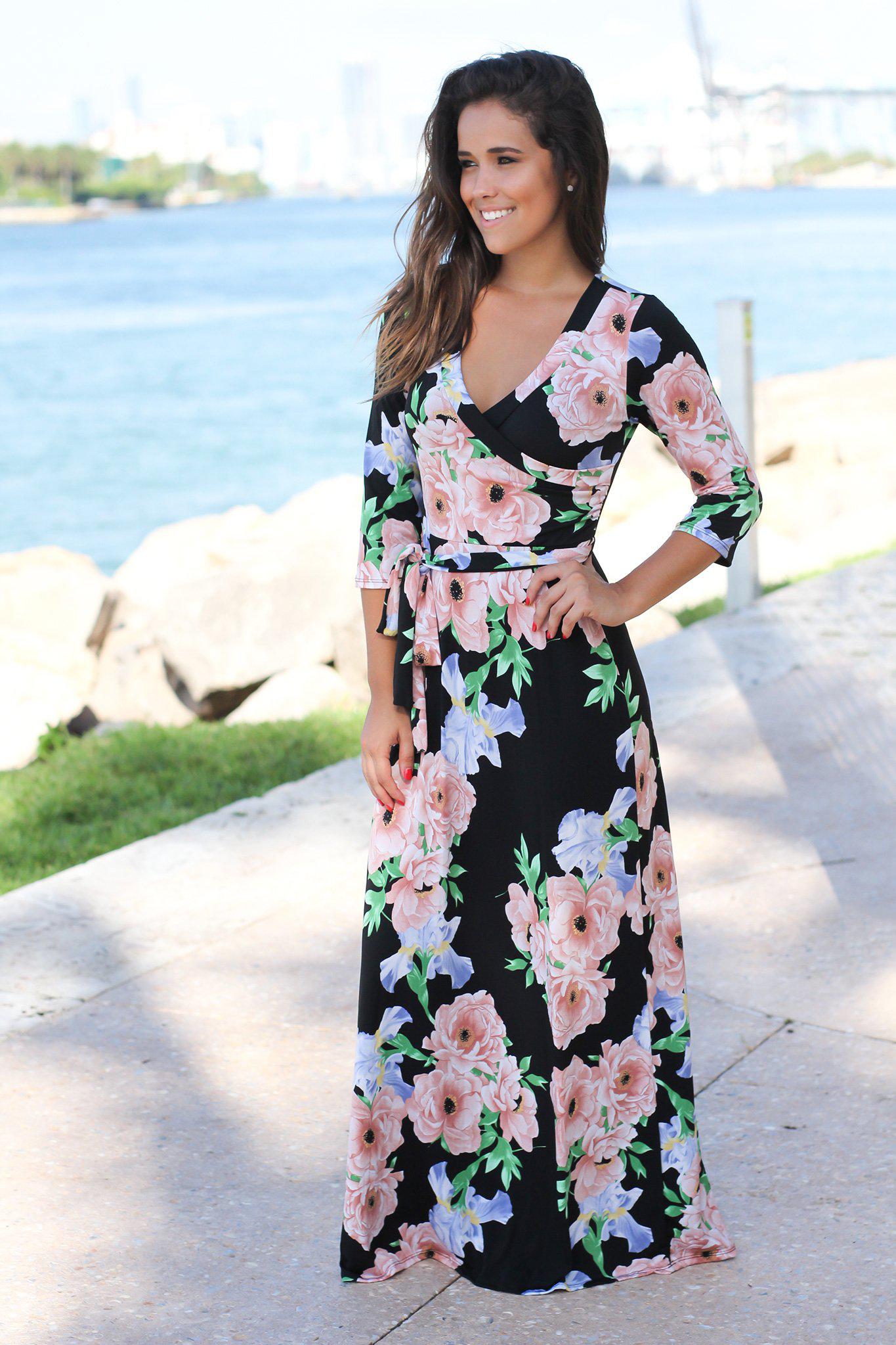Black and Mauve Floral Maxi Dress with 3/4 Sleeves | Maxi Dresses ...