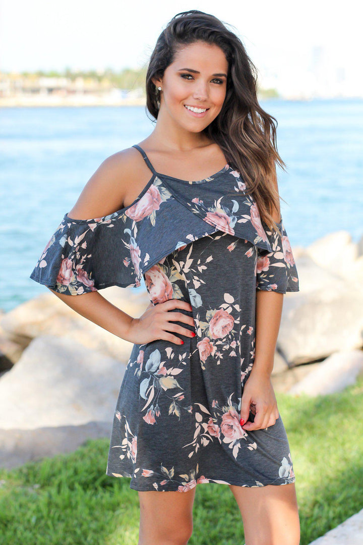 Charcoal Floral Cold Shoulder Short Dress | Short Dresses Saved by the Dress Charcoal Floral Cold Shoulder Short Dress | Short Dresses Saved by the Dress