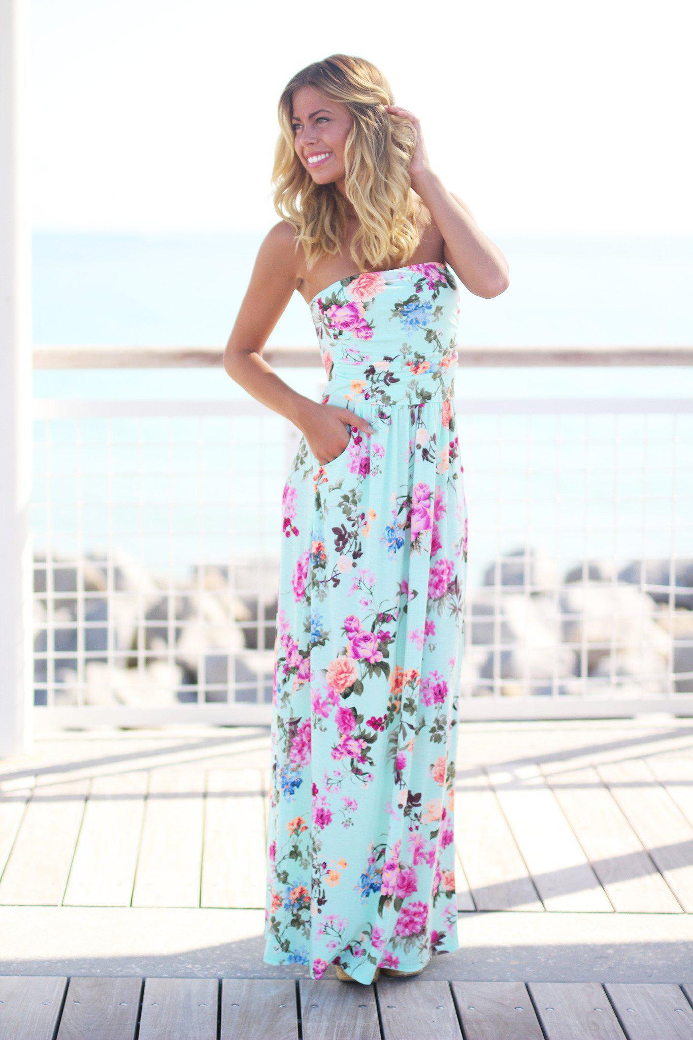 Strapless Floral Maxi Dress with Pockets
