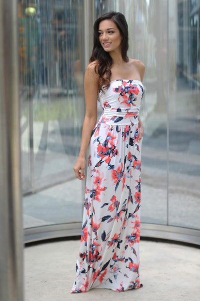 Ivory Floral Maxi Dress with Pockets