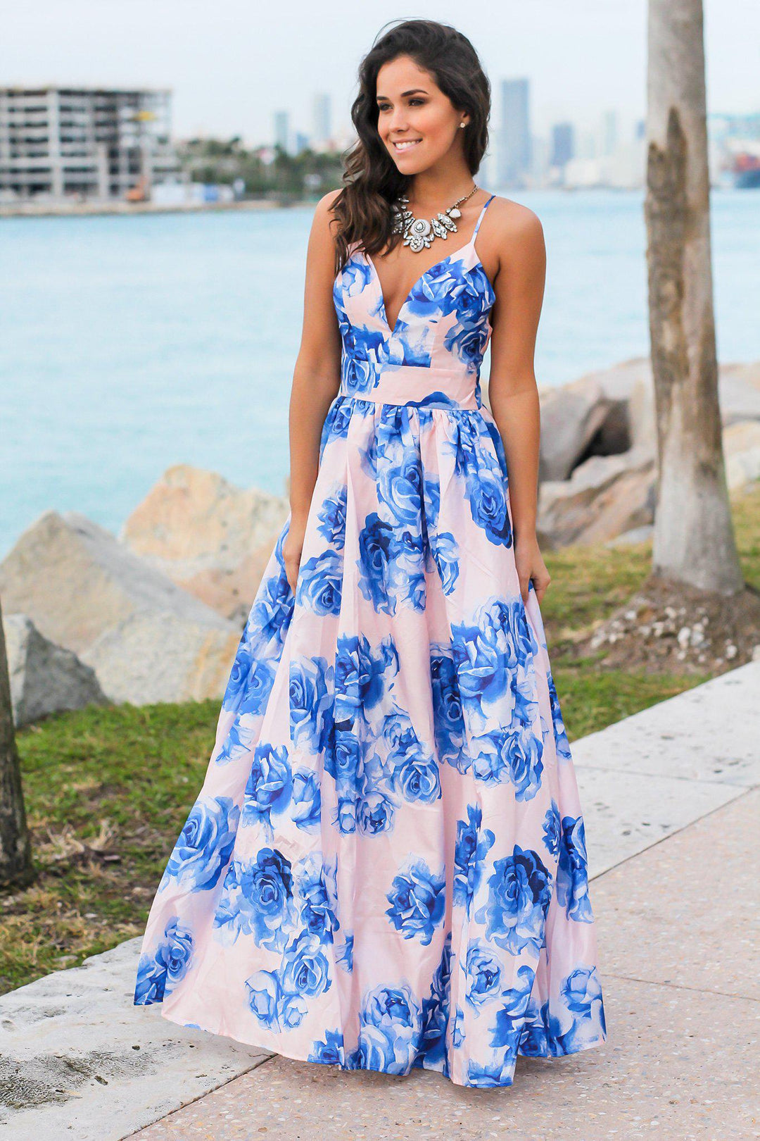 Blush and Blue Floral Maxi Dress with Criss Cross Back | Maxi Dresses Saved by the Dress Blush and Blue Floral Maxi Dress with Criss Cross Back | Maxi Dresses Saved by the Dress