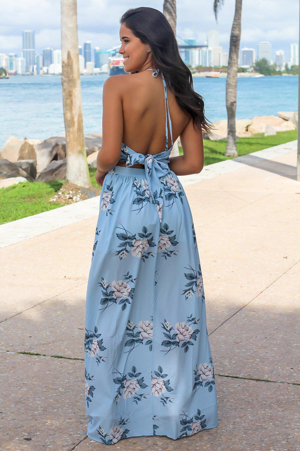 Light Blue Floral Maxi Dress with Front Twist | Maxi Dresses – Saved by ...