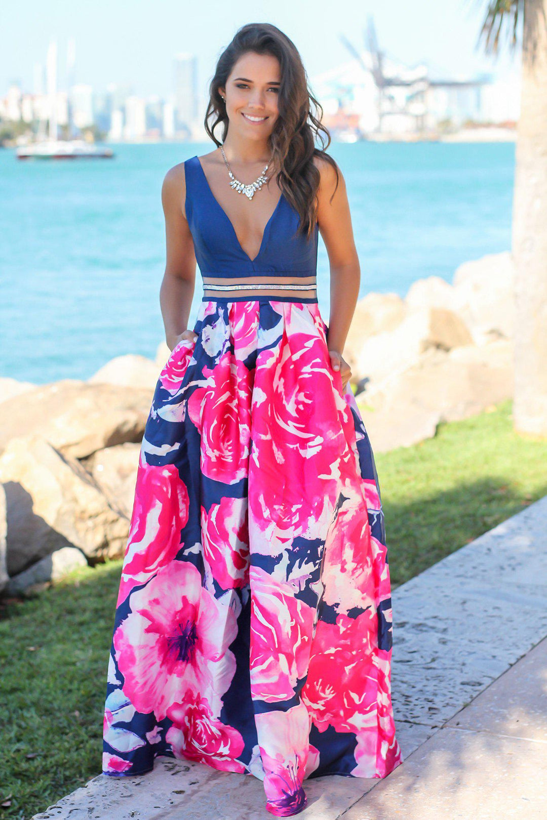 strapless open back dress Inara Pink Floral Print Ruffle Prom Dress - US 6 main image 1