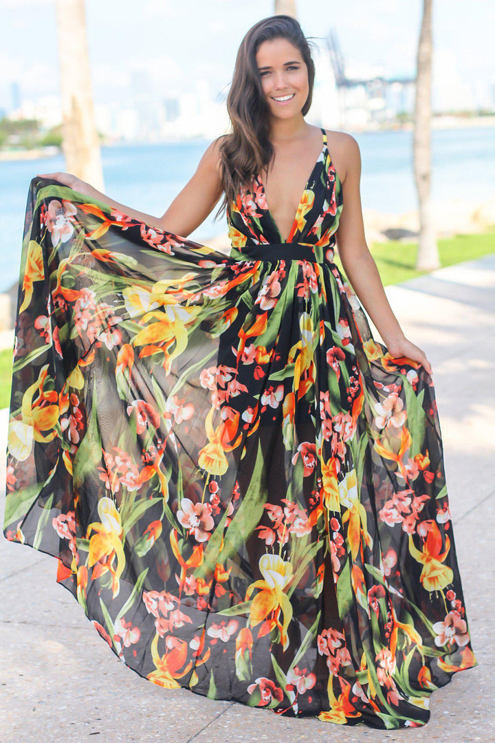 Black and Orange Floral Maxi Dress