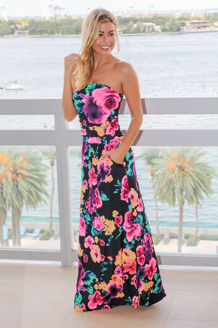 Black and Hot Pink Floral Strapless Maxi Dress