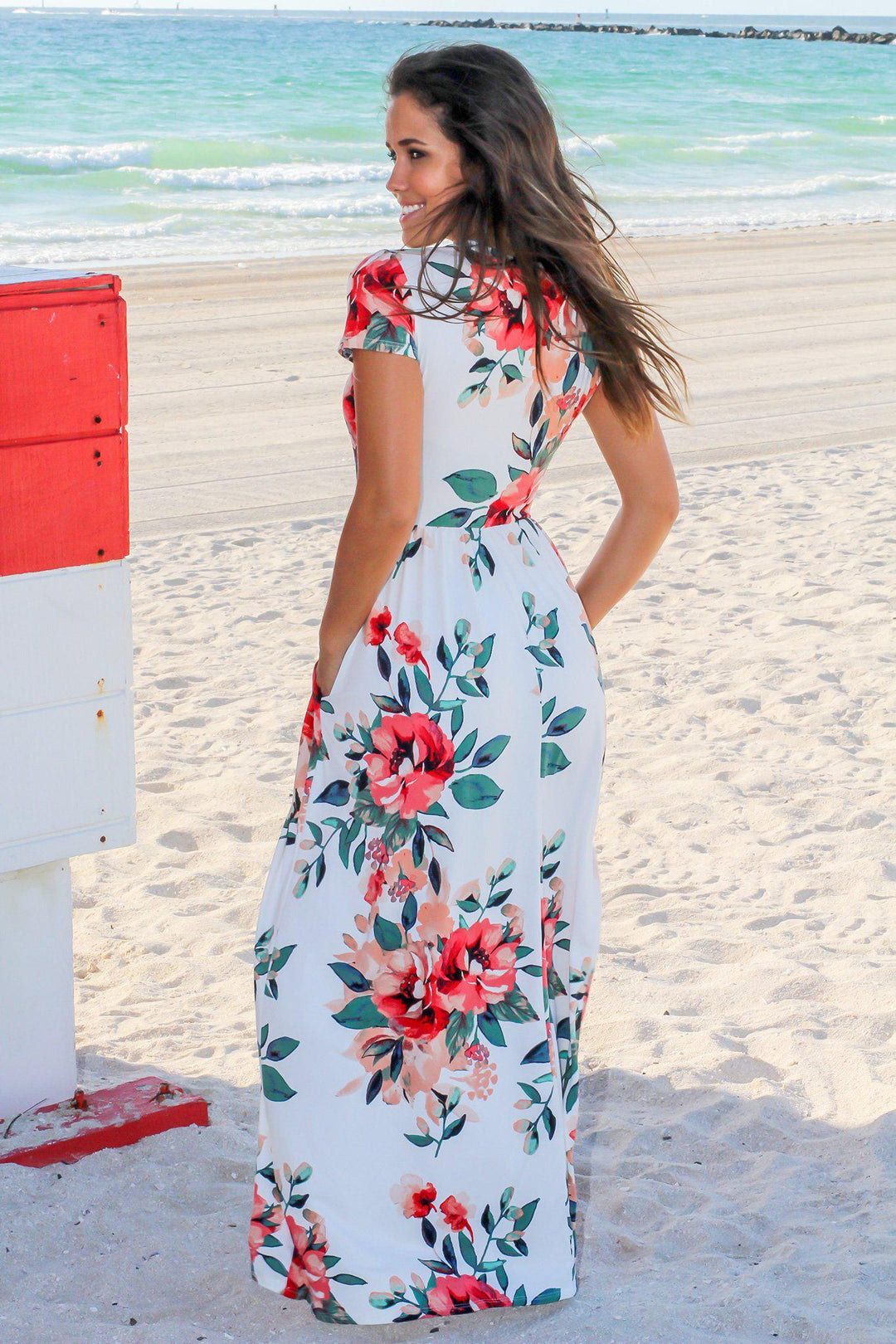 Ivory and Coral Floral Maxi Dress with Short Sleeves