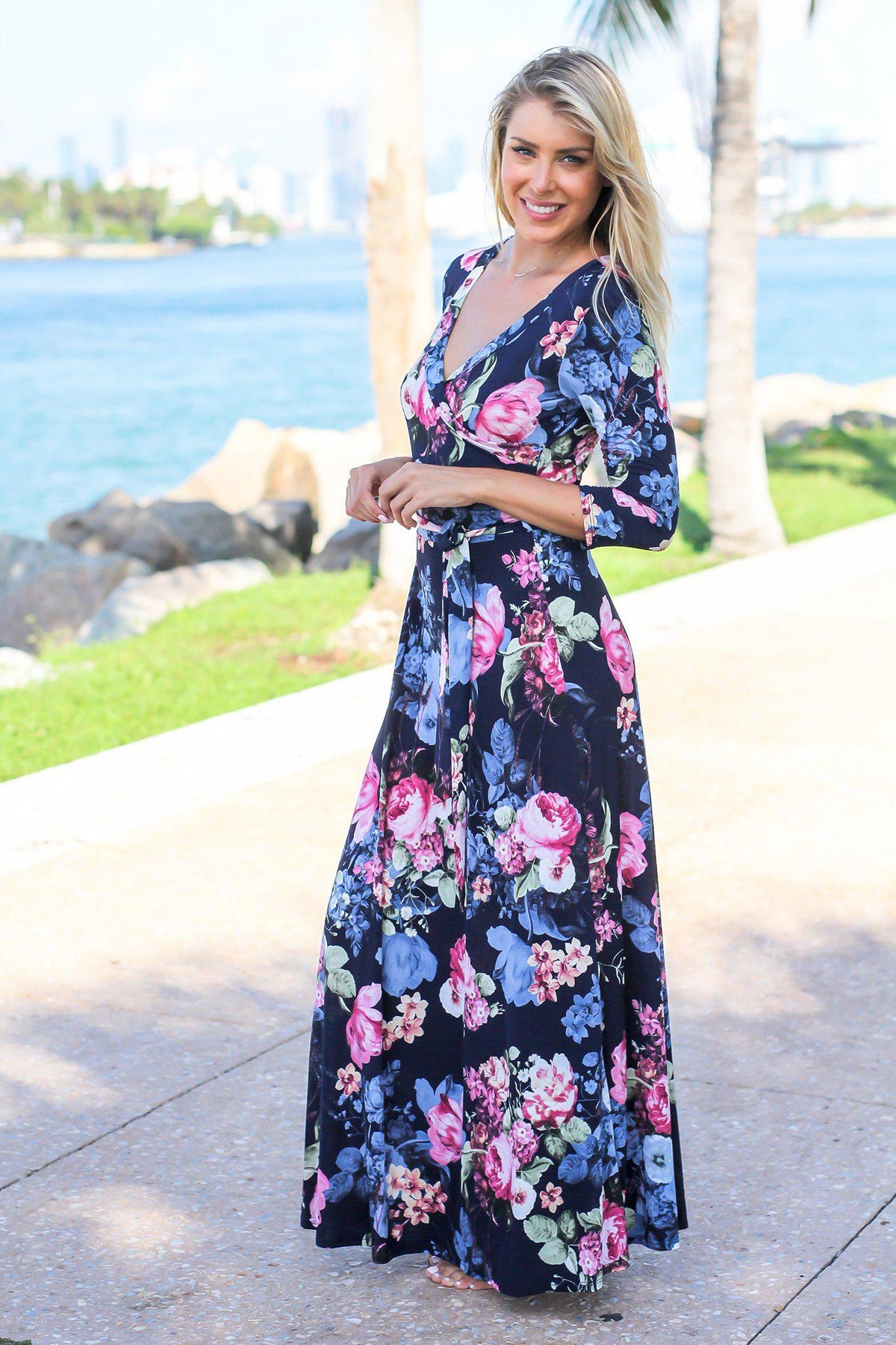 Navy and Pink Floral Wrap Maxi Dress with 3/4 Sleeves | Maxi Dresses ...