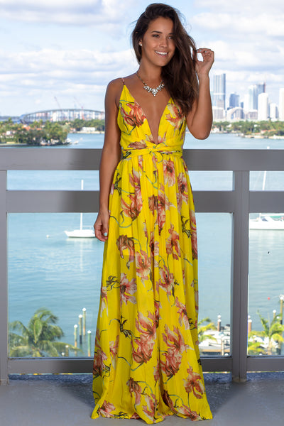 Yellow Floral Maxi Dress with Twist Front | Maxi Dresses – Saved by the ...