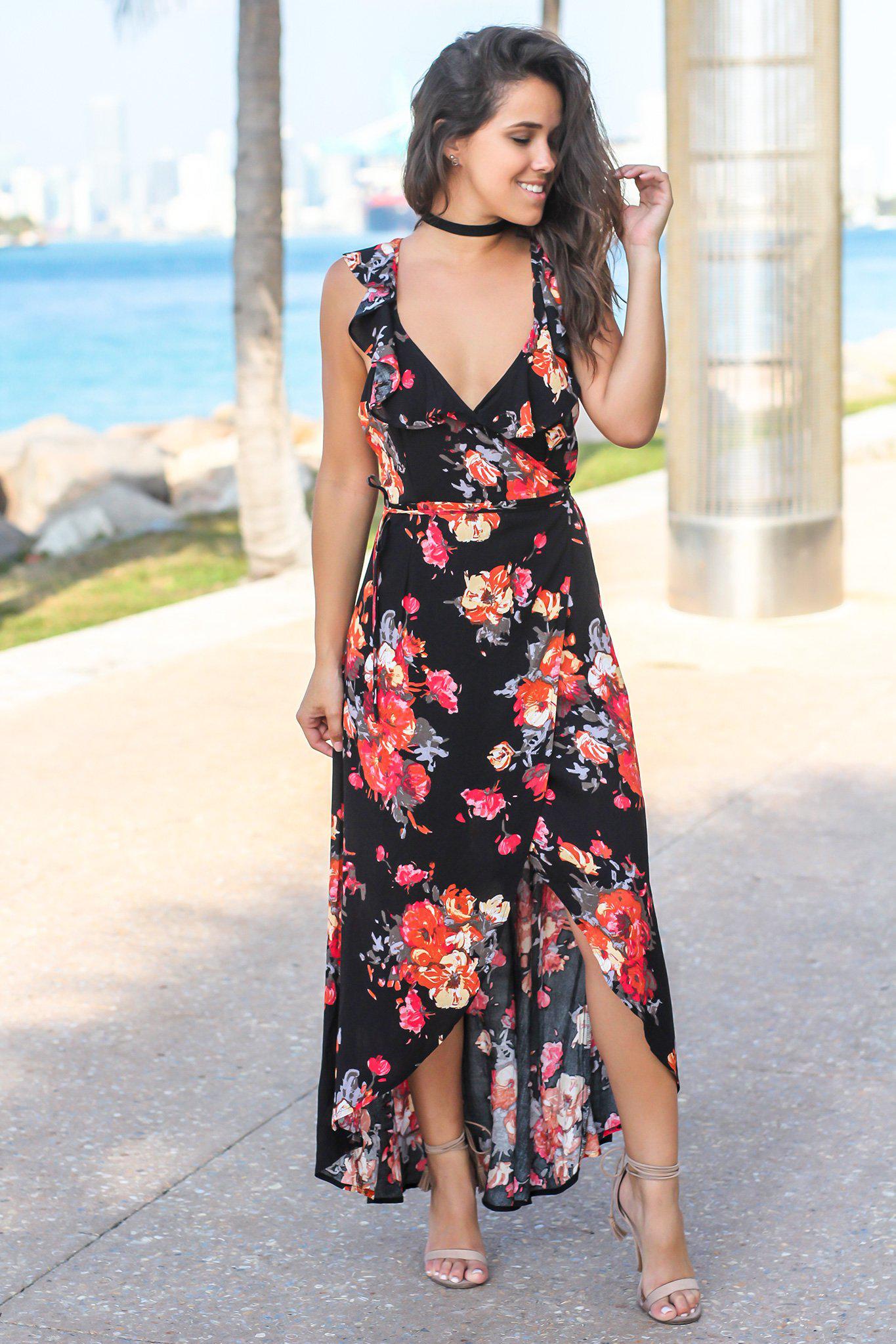 Black Floral Ruffle Wrap Dress with Criss Cross Back | Maxi Dresses ...