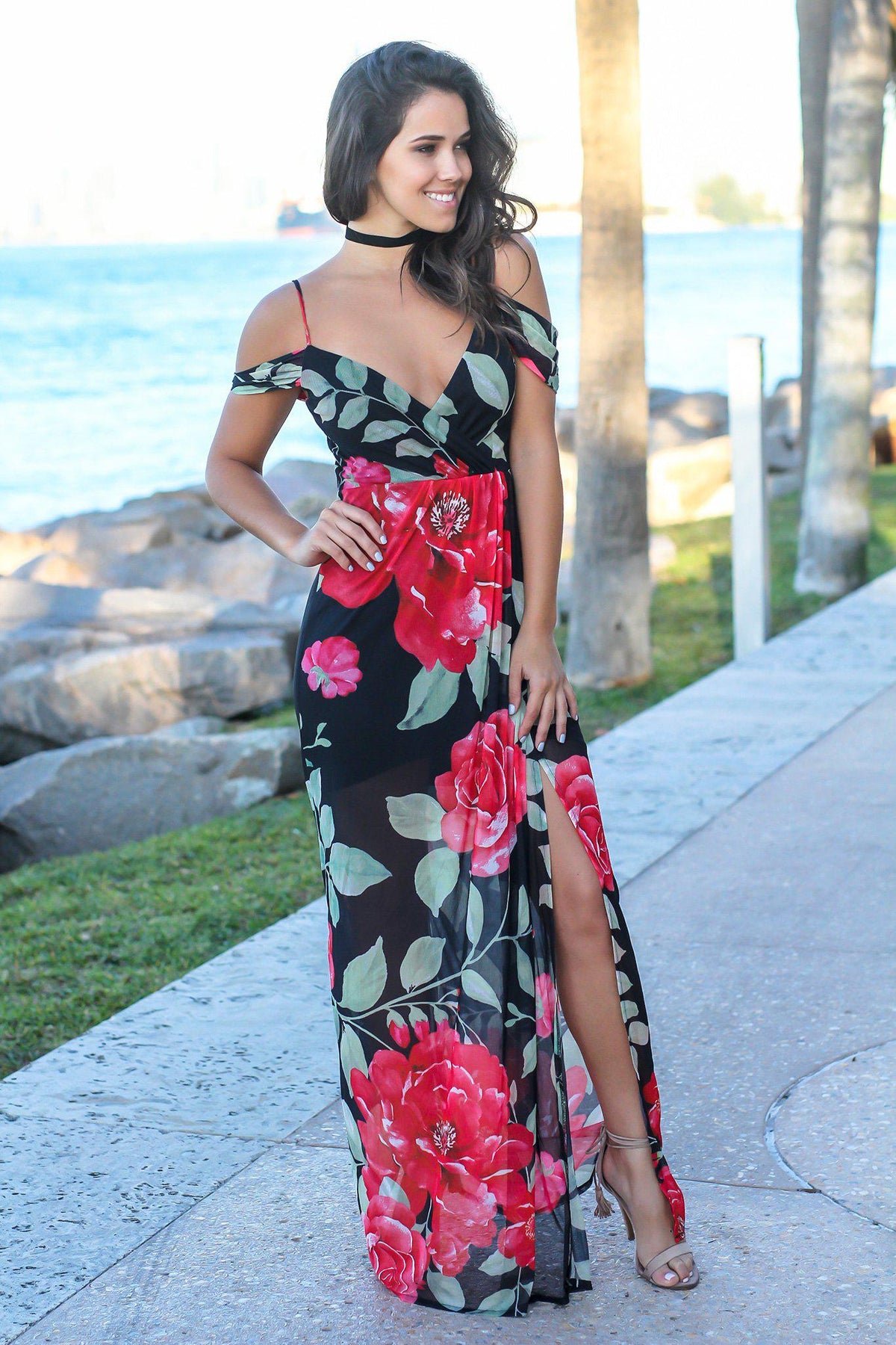 Black and Red Floral Off Shoulder Maxi Dress with Side Slit | Maxi ...