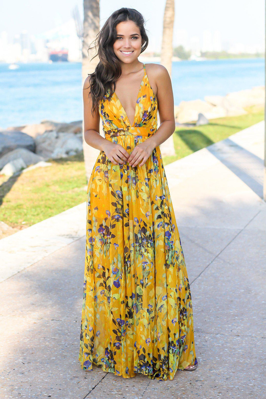 Yellow Floral Maxi Dress with Criss Cross Back Maxi Dresses Saved by the Dress