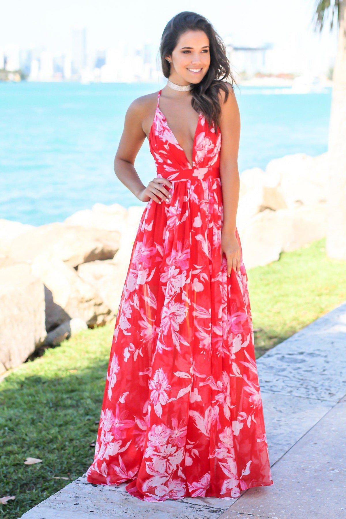 Red and White Floral Maxi Dress with Criss Cross Back | Maxi Dresses Saved by the Dress Red and White Floral Maxi Dress with Criss Cross Back | Maxi Dresses Saved by the Dress