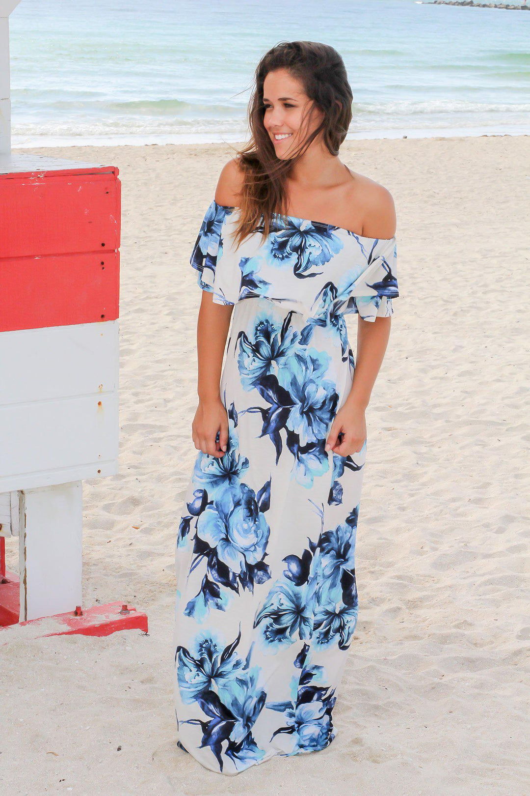 off the shoulder maxi beach dress Ivory and Cobalt Blue Floral Off Shoulder Maxi Dress