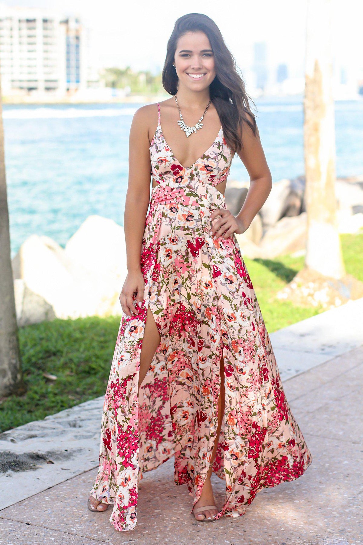 Pink Floral Maxi Dress with Cut Outs | Maxi Dresses – Saved by the Dress