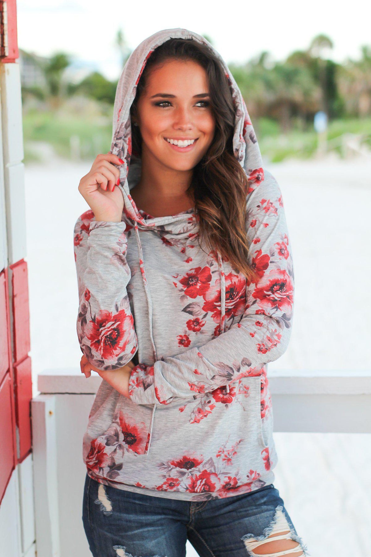 Gray and Red Floral Hoodie with Pocket | Online Boutiques – Saved by ...