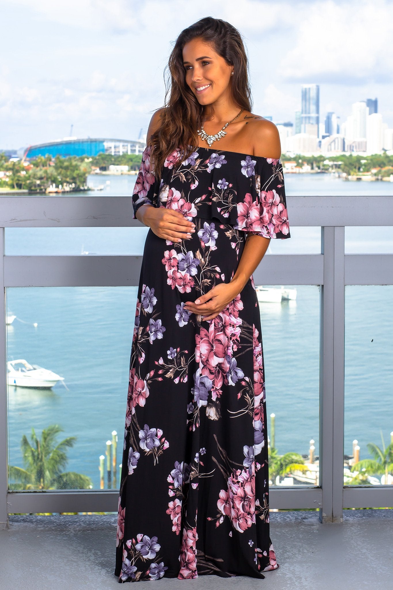 Black Printed Off Shoulder Maxi Dress