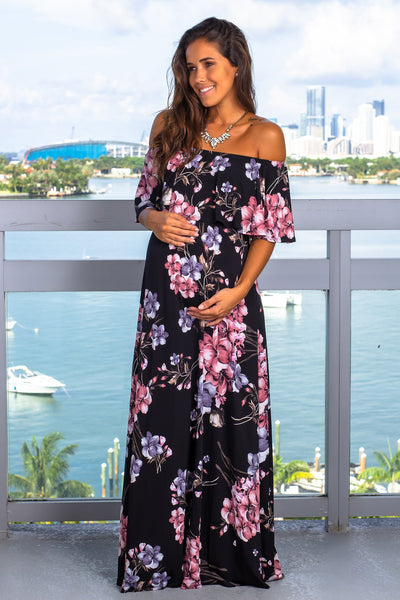 Black Printed Off Shoulder Maxi Dress
