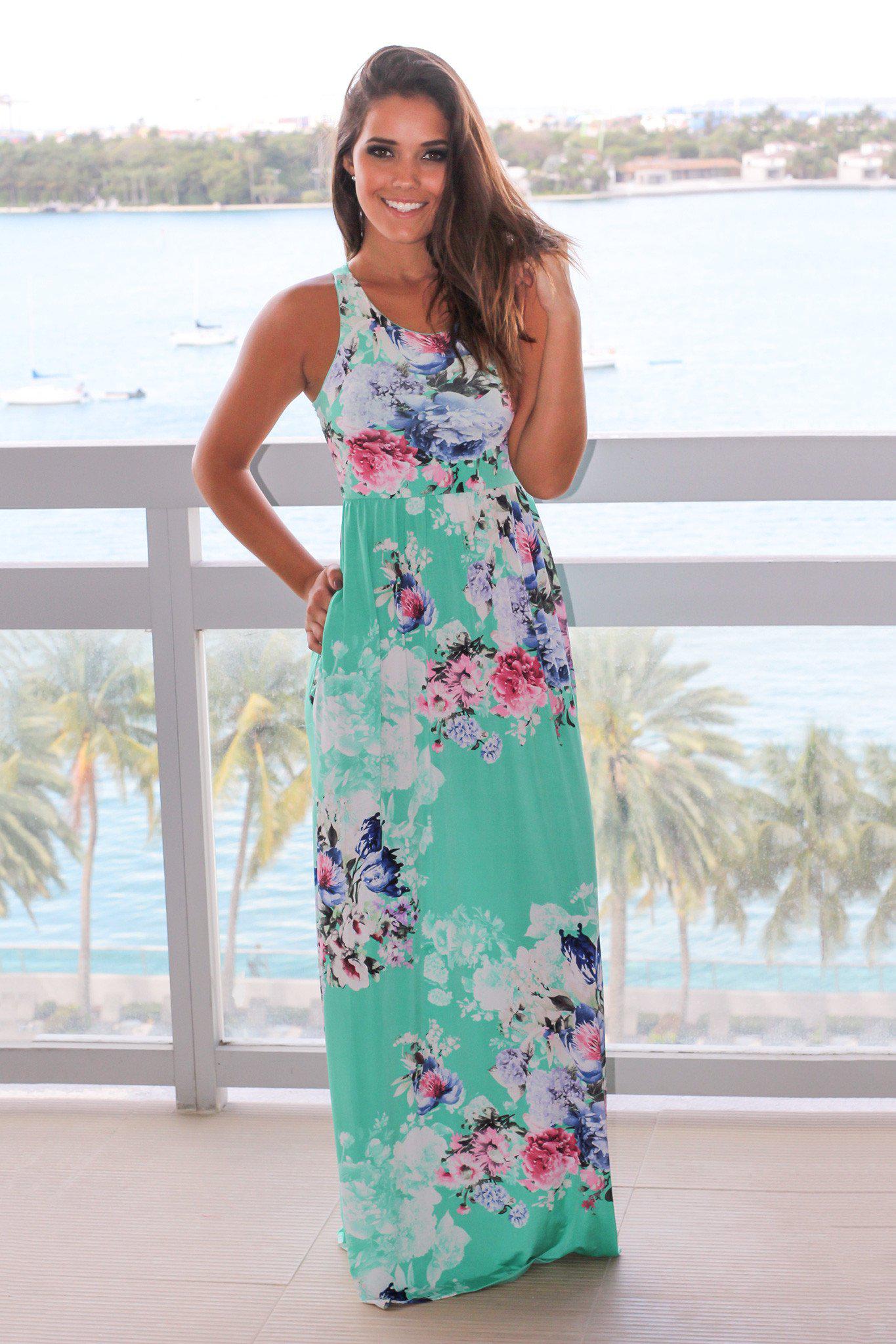 Mint and Pink Floral Racer Back Maxi Dress | Maxi Dresses – Saved by ...