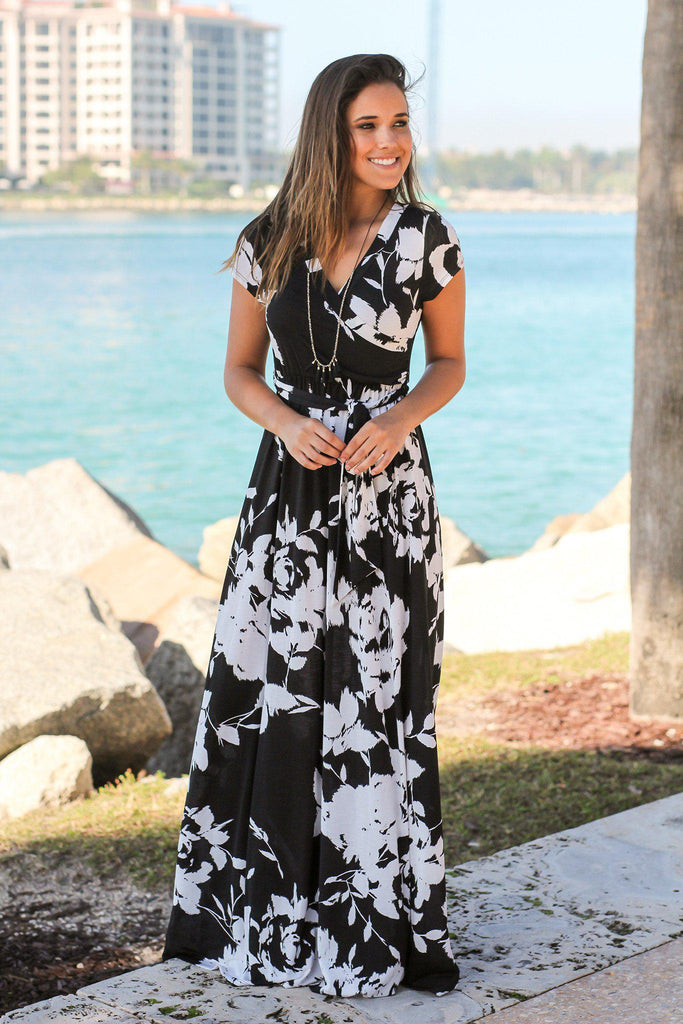 blue dress for baby girl Black and White Floral Maxi Dress