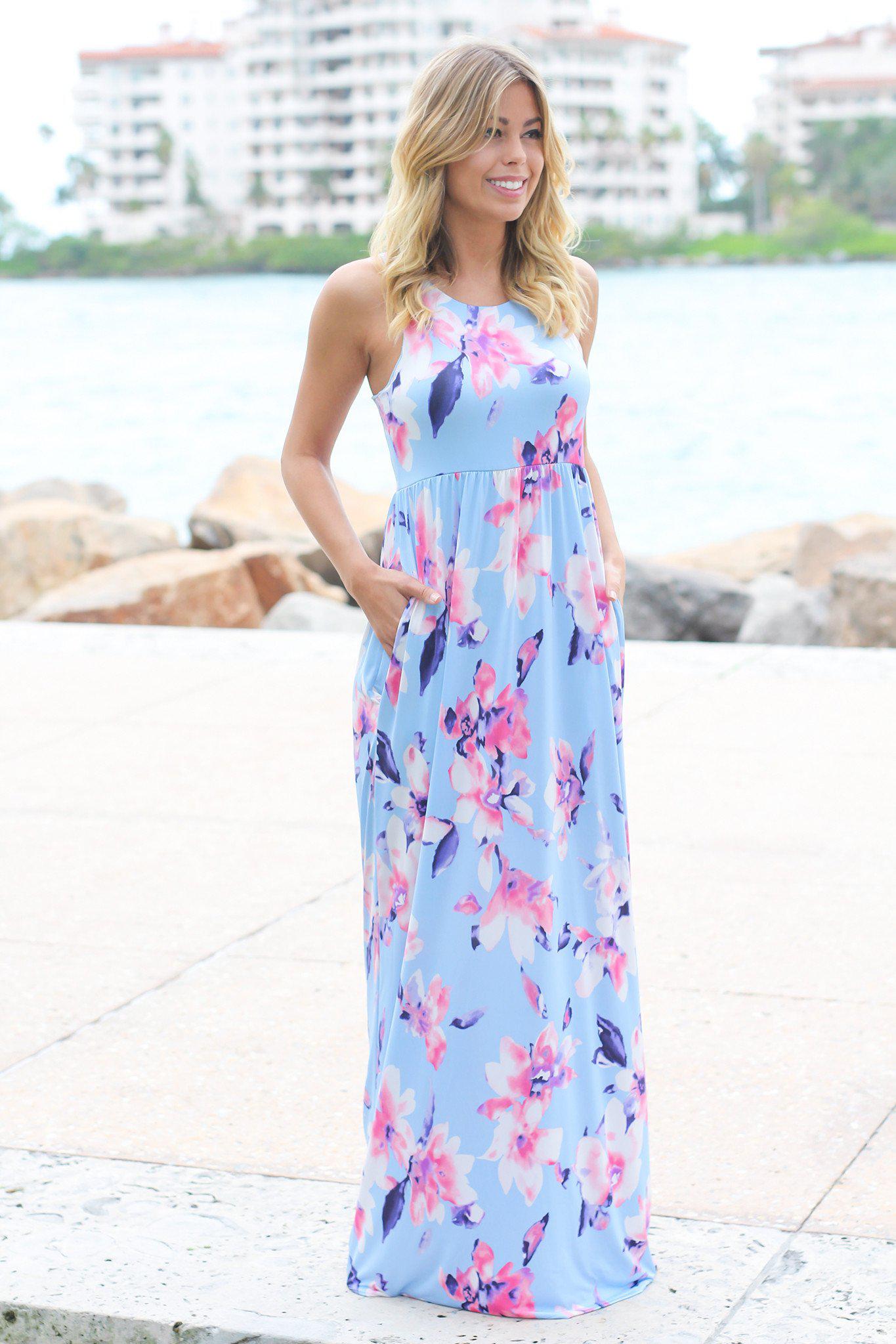 Baby Blue Floral Racerback Maxi Dress | Maxi Dresses – Saved by the Dress