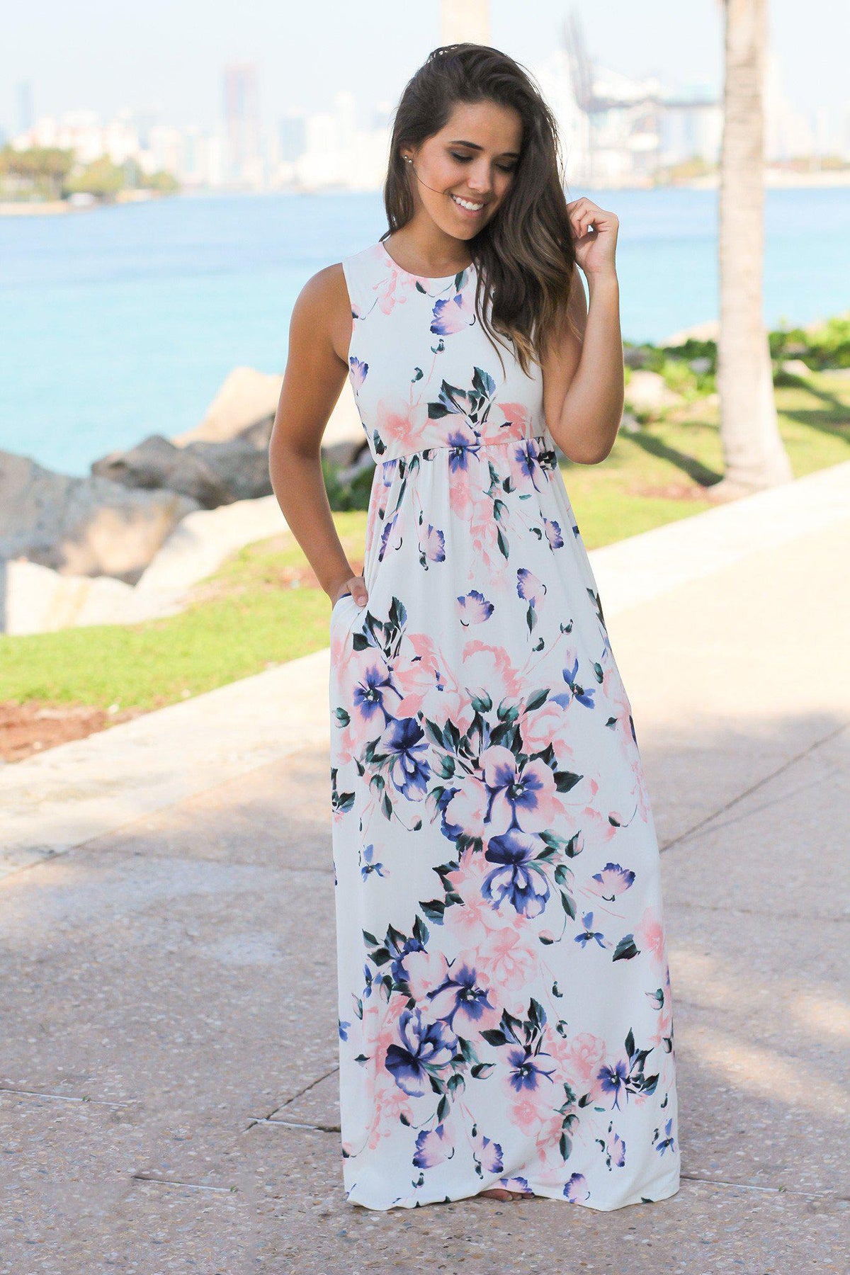 Off White Floral Racerback Maxi Dress with Pockets | Maxi Dresses ...