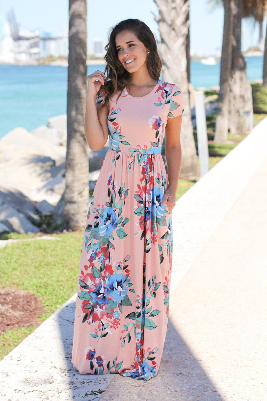 Blush and Blue Floral Maxi Dress with Short Sleeves