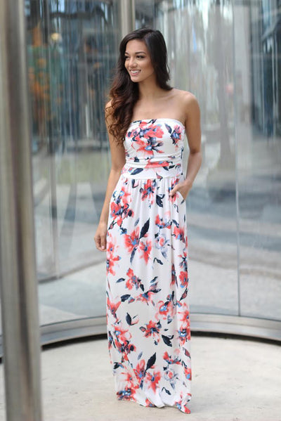 Ivory Floral Maxi Dress with Pockets