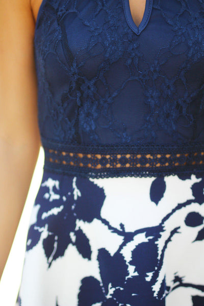 Navy Floral Short Dress with Lace Top