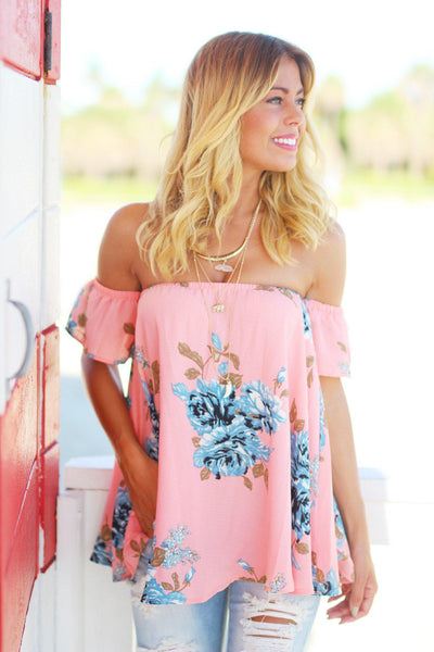 Peach and Blue Floral Off Shoulder Top