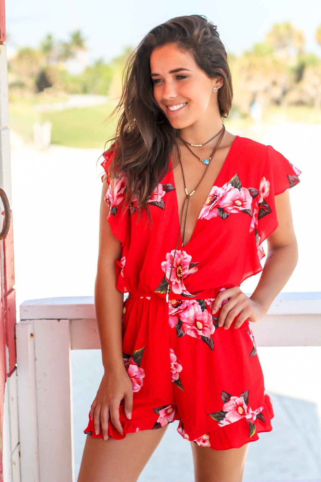 Red Ruffled Sleeve Floral Romper Rompers Saved by the Dress