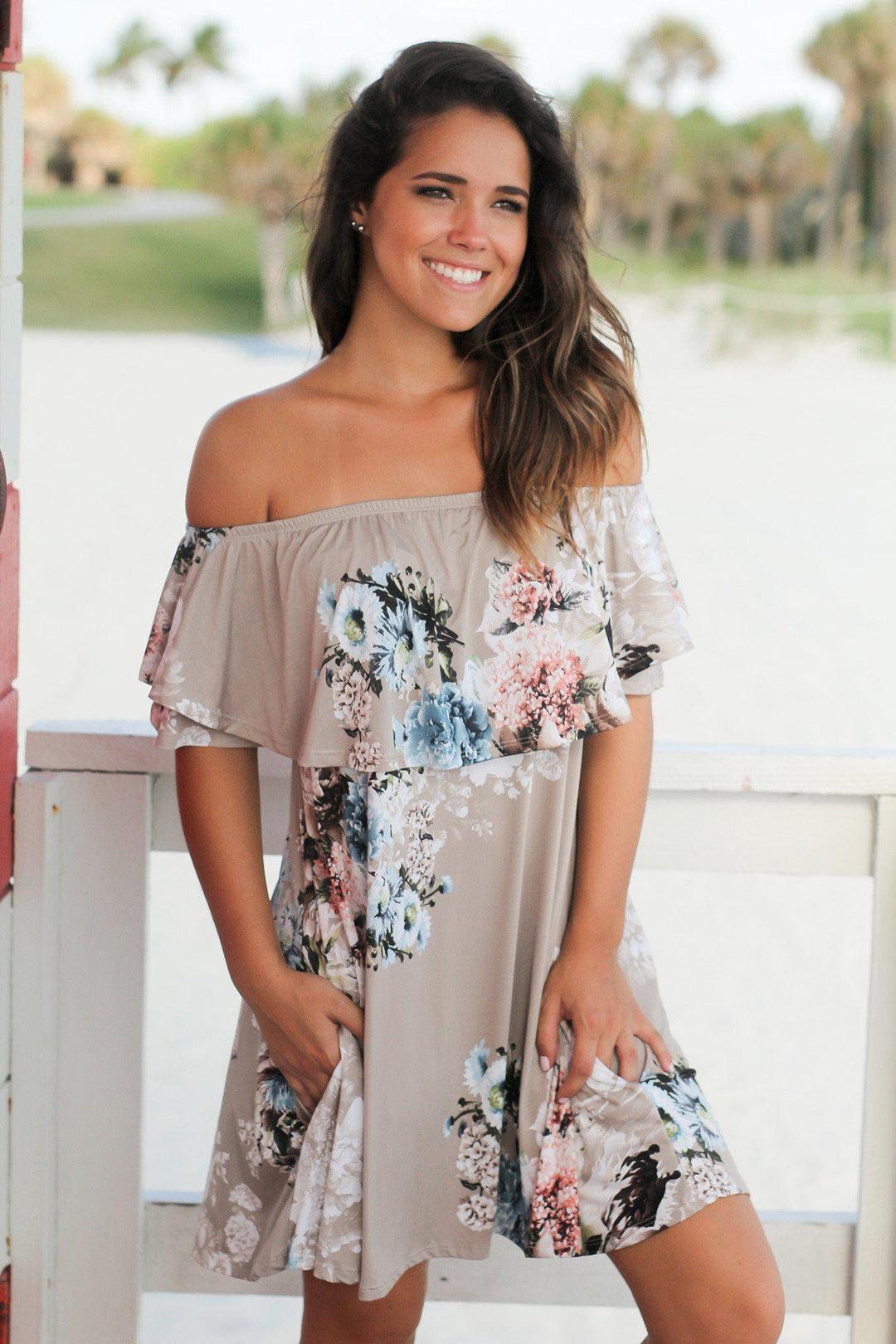 off shoulder floral summer dress Stone Floral Off Shoulder Short Dress