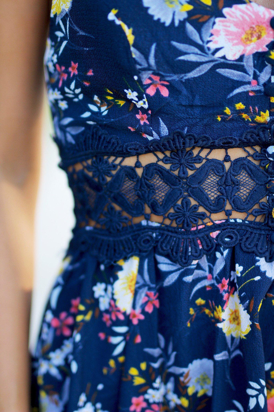 Navy Floral Short Dress with Crochet Detail – Saved by the Dress