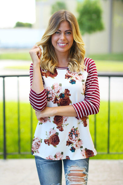 Burgundy Floral Top with 3/4 Sleeves