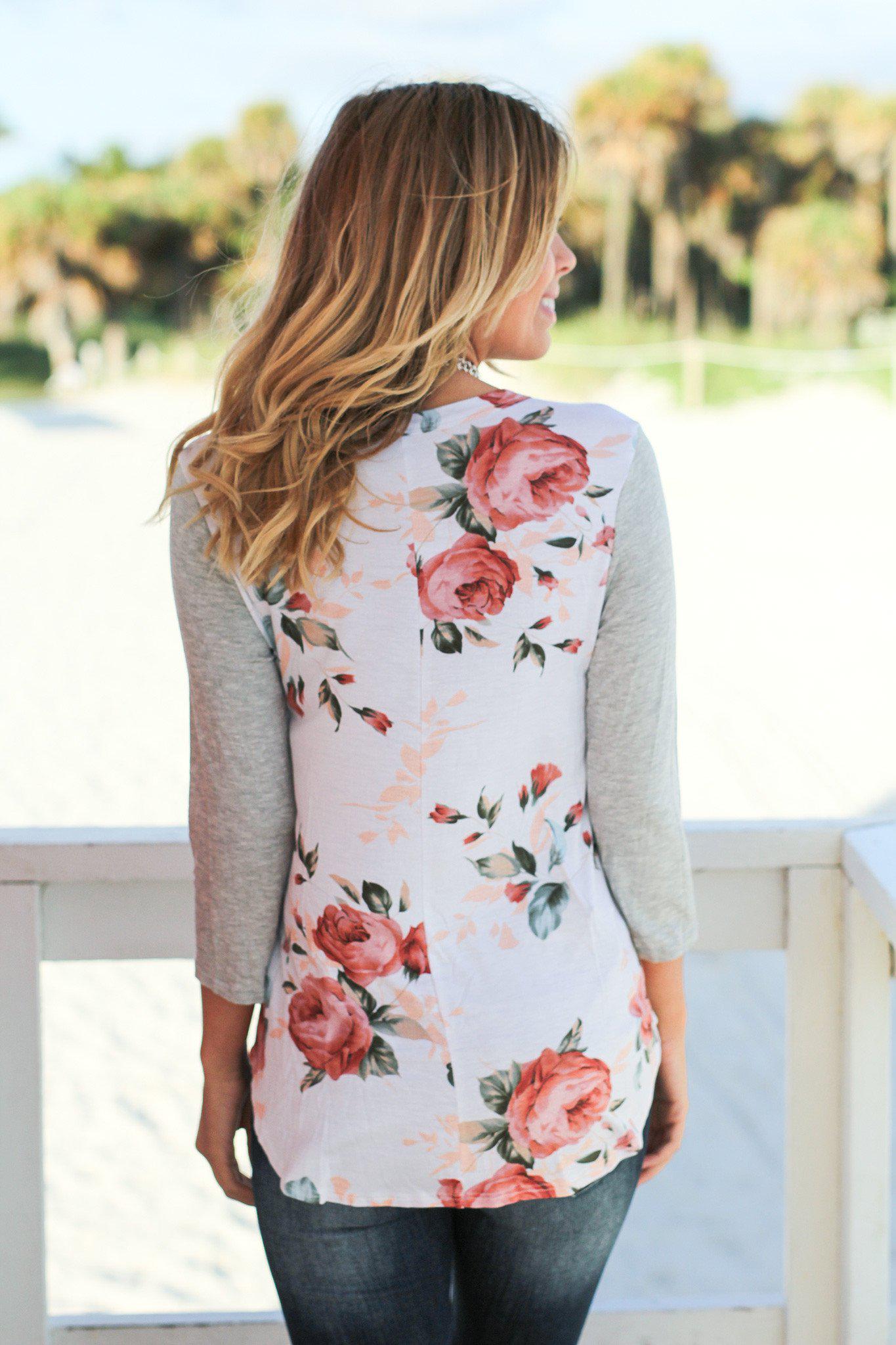 Floral Top with Gray Sleeves
