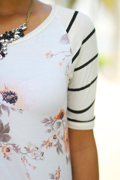 Floral Tunic Dress with Striped Sleeves
