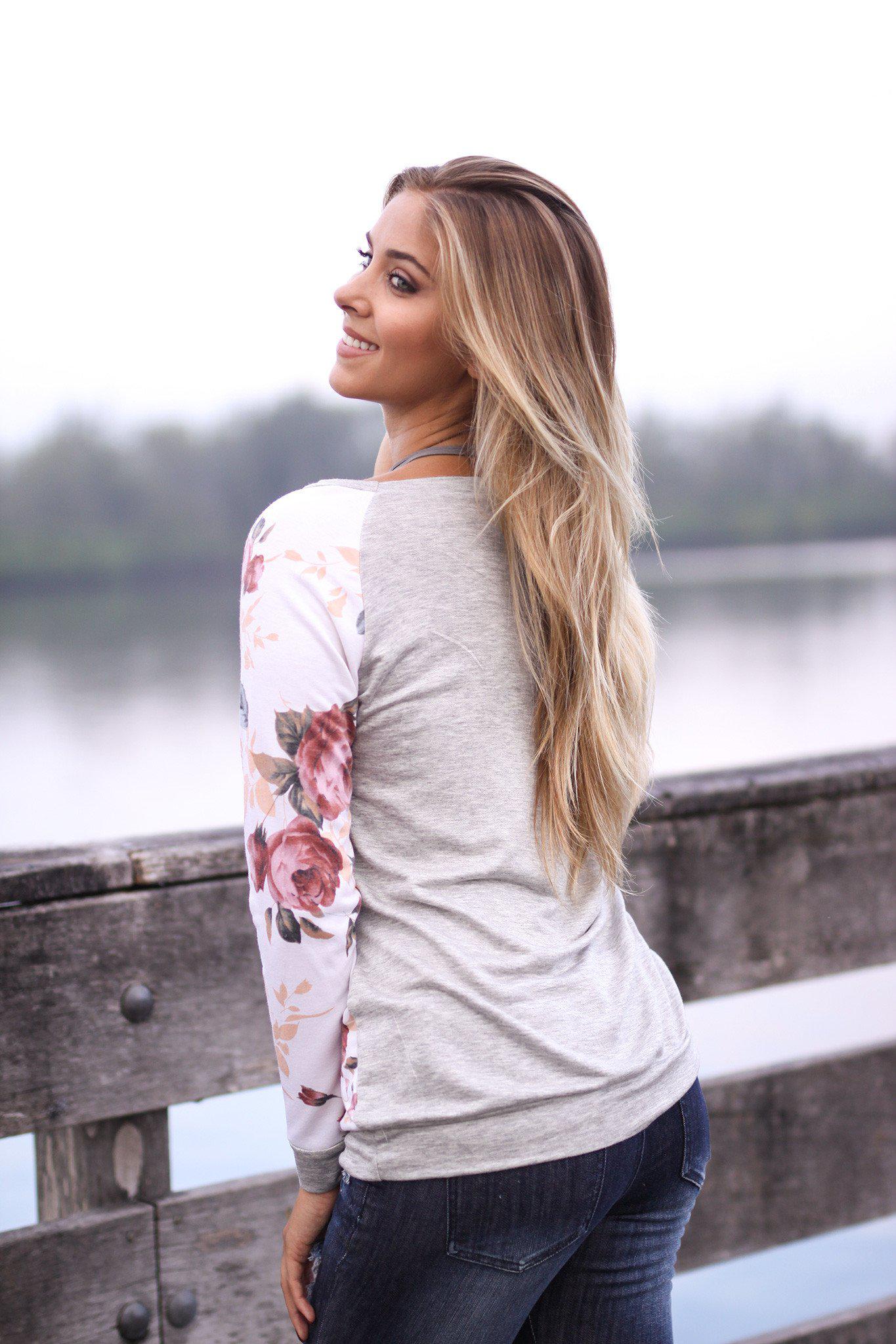 Floral and Gray Long Sleeve Top