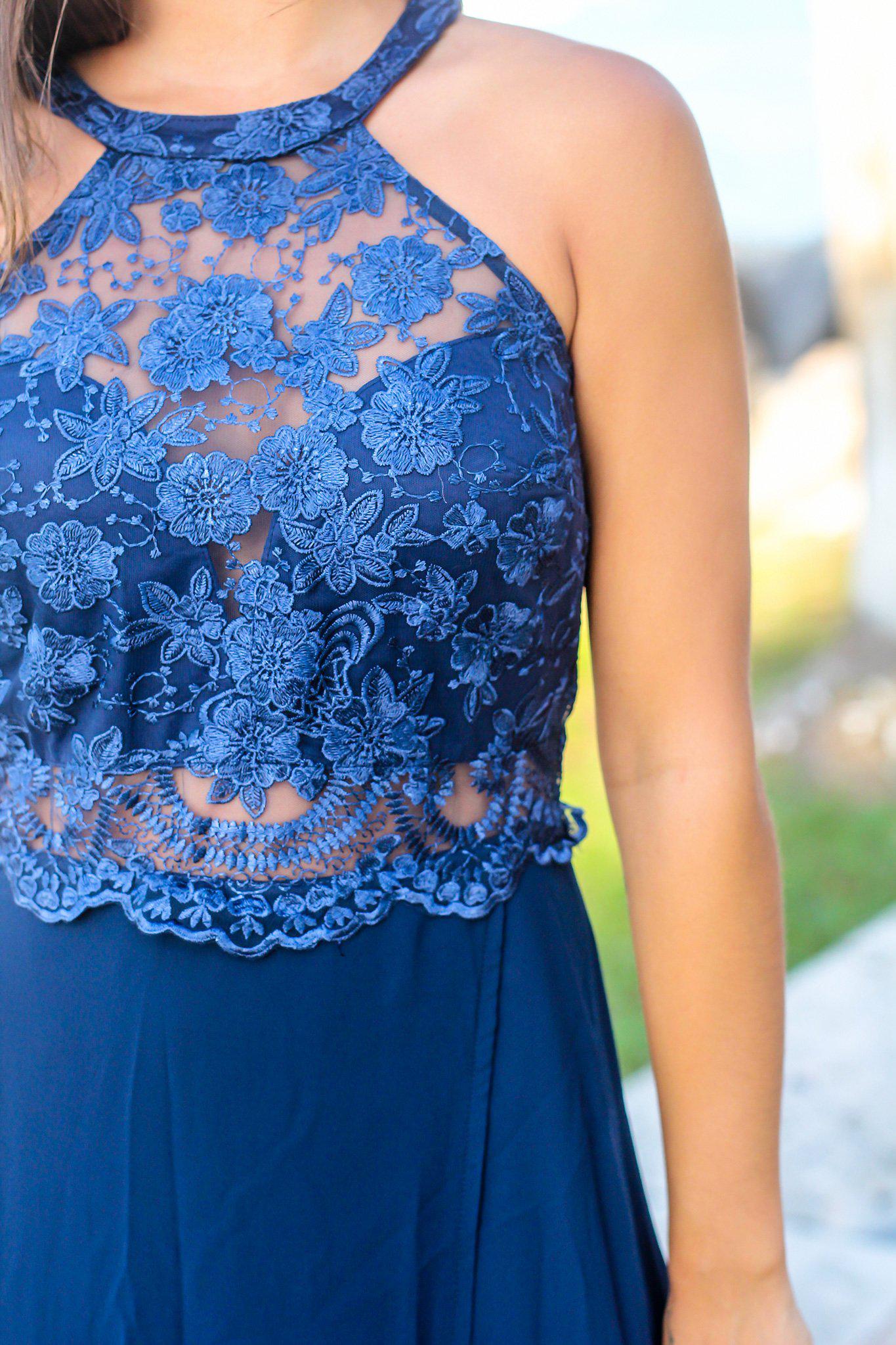 Navy High Neck Maxi Dress with Embroidered Top and Slit | Formal Dresses Saved by the Dress Navy High Neck Maxi Dress with Embroidered Top and Slit | Formal Dresses Saved by the Dress