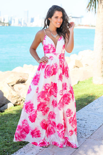 Ivory and Fuchsia Floral Maxi Dress with Criss Cross Back