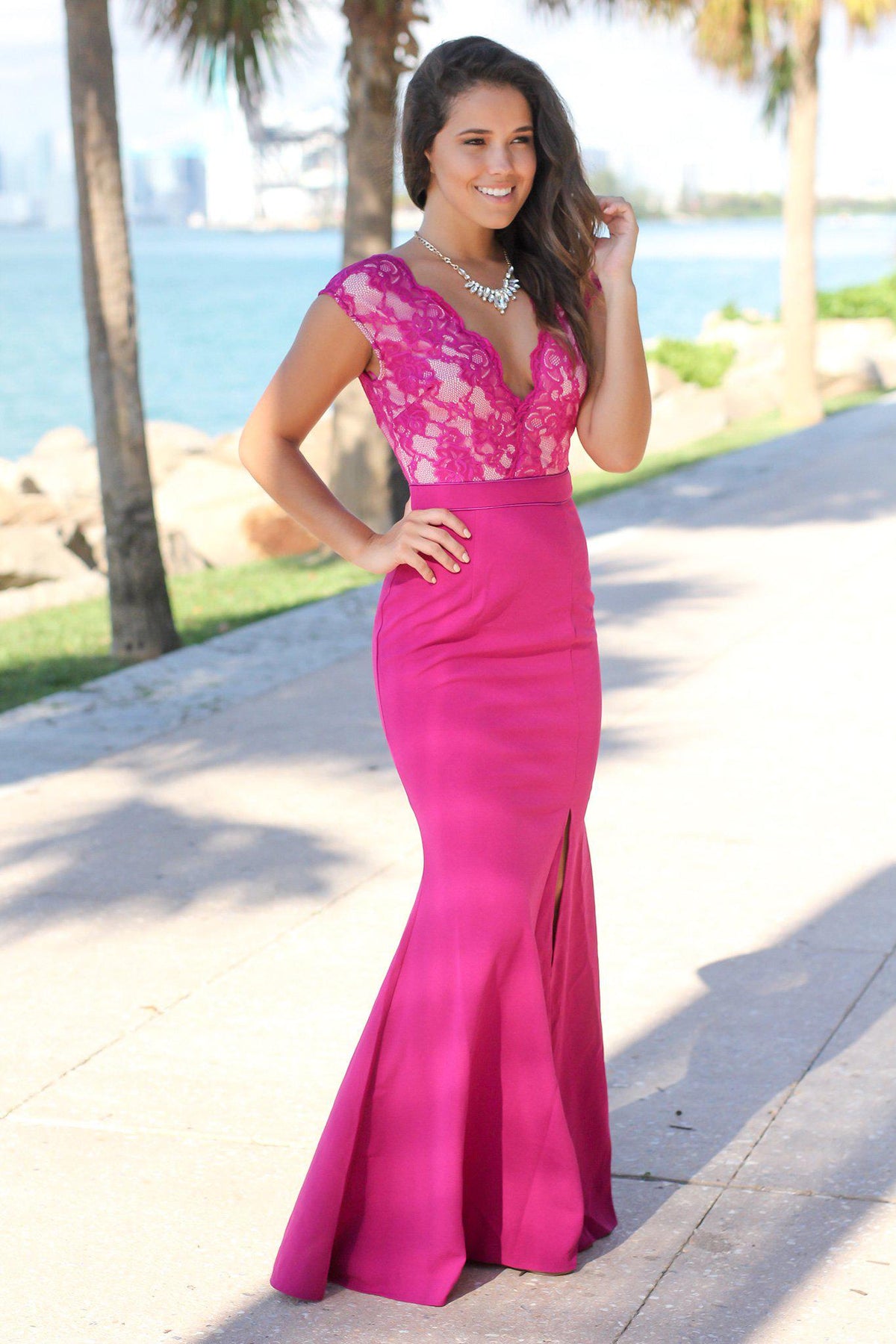 Magenta Lace Top Maxi Dress with Side Slit | Formal Dresses Saved by the Dress Magenta Lace Top Maxi Dress with Side Slit | Formal Dresses Saved by the Dress