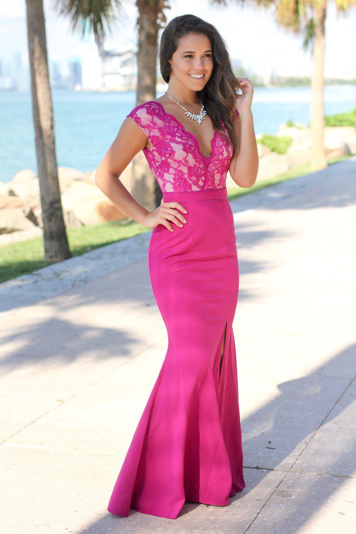 Magenta Lace Top Maxi Dress with Side Slit | Formal Dresses  Saved by the  Dress